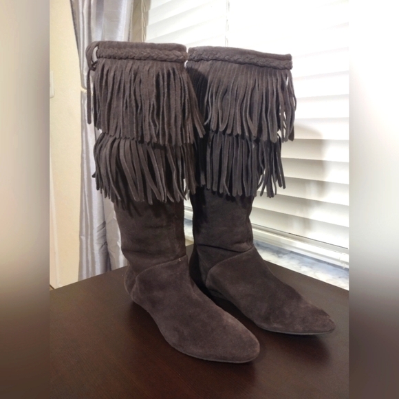 Gianni Bini Fringe Suede Boots - Brown - Picture 5 of 8